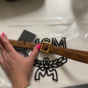 MCM Brown Leather Belt with Gold Buckle